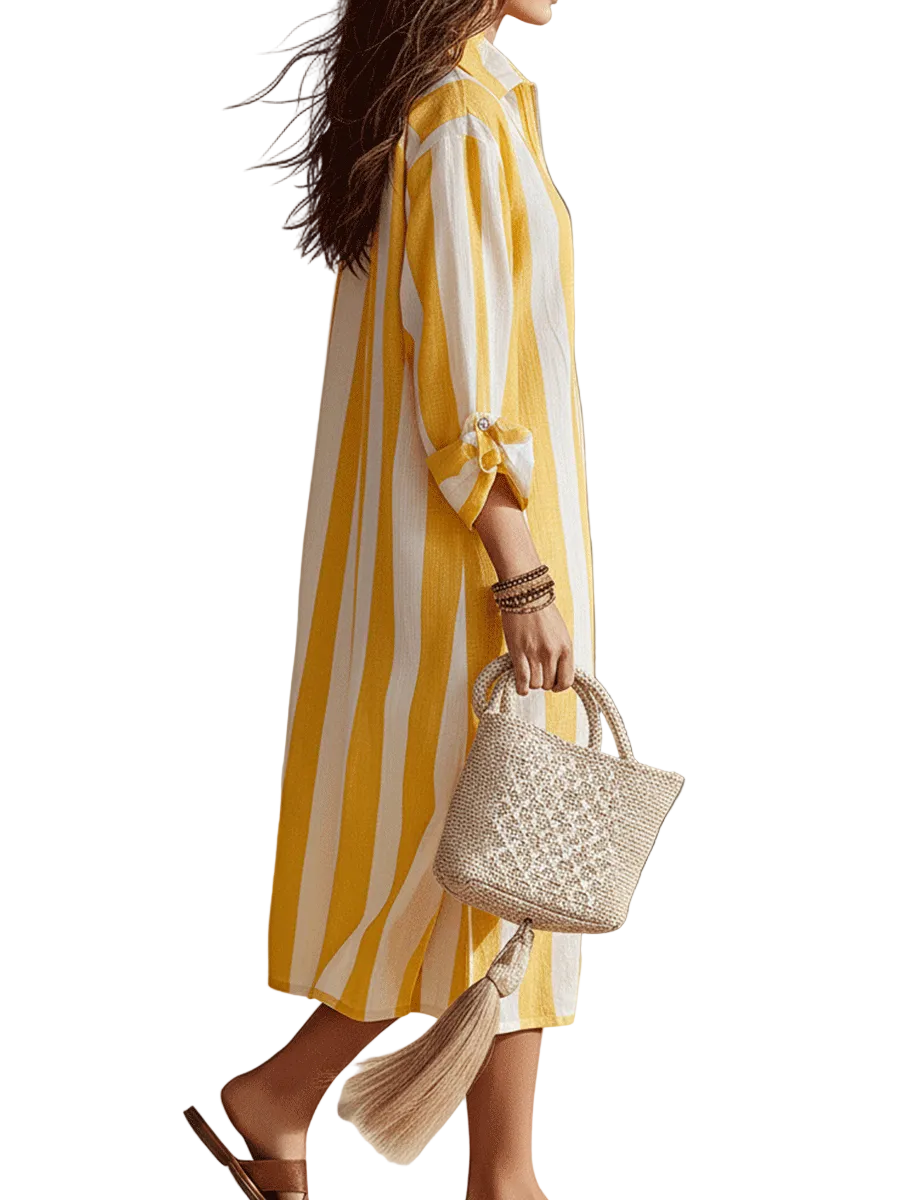 Relaxed Striped Resort Yellow & White Stripe Midi Dress