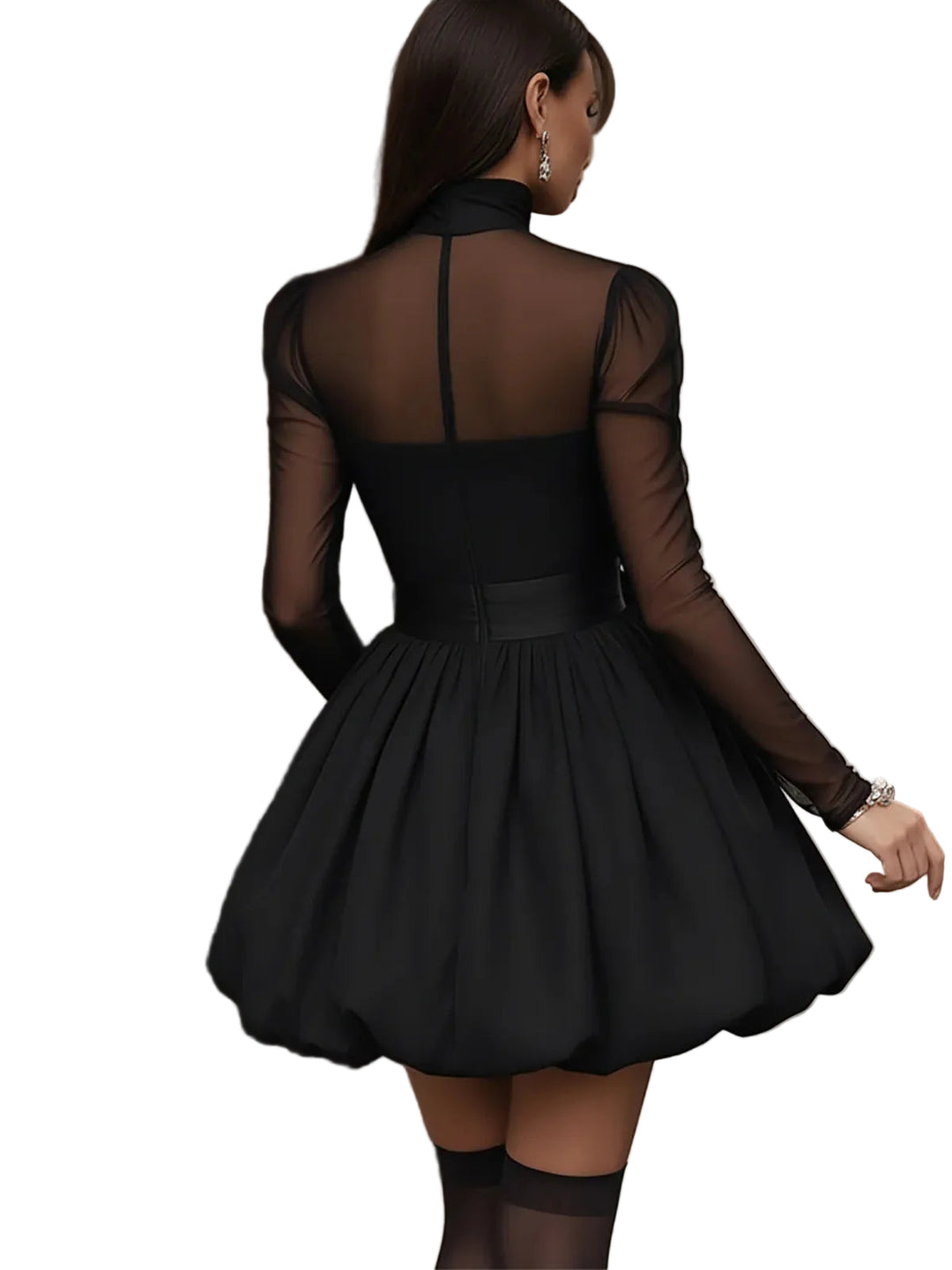 Nola - Black Tulle Accent Puff Skirt Mini Dress