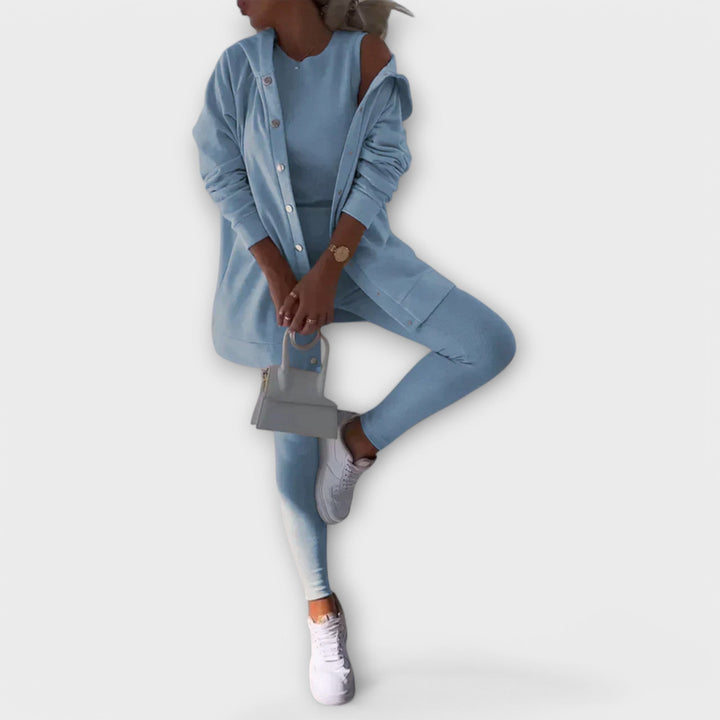 Three-piece set with cardigan