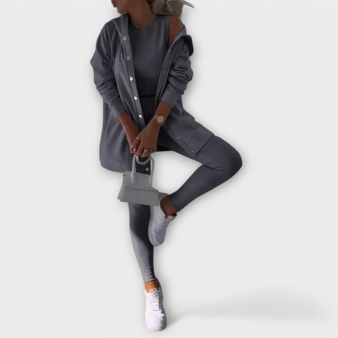 Three-piece set with cardigan