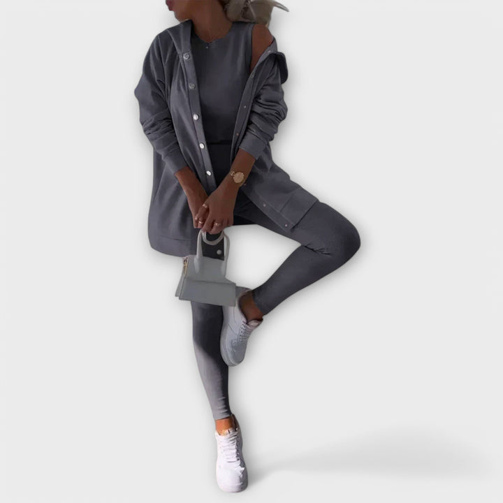 Three-piece set with cardigan