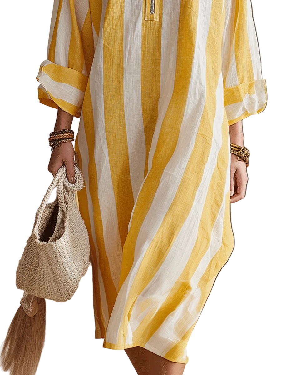 Relaxed Striped Resort Yellow & White Stripe Midi Dress