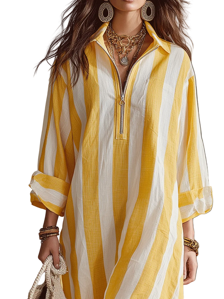 Relaxed Striped Resort Yellow & White Stripe Midi Dress